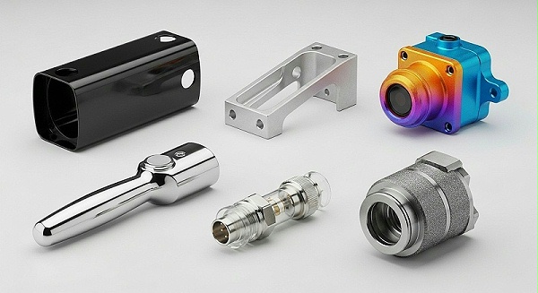 A sophisticated product collection image featuring six distinct, high-precision CNC machined aluminum parts, each with a different surface treatme