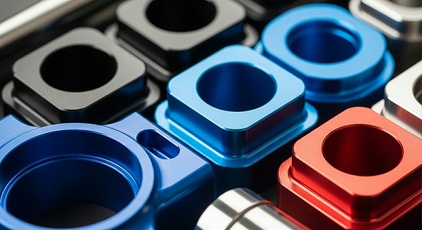 A close-up, high-angle shot of a diverse collection of highly polished and anodized CNC machined aluminum components, showcasing different vibrant A close-up, high-angle shot of a diverse collection of highly polished and anodized CNC machined aluminum components, showcasing different vibrant