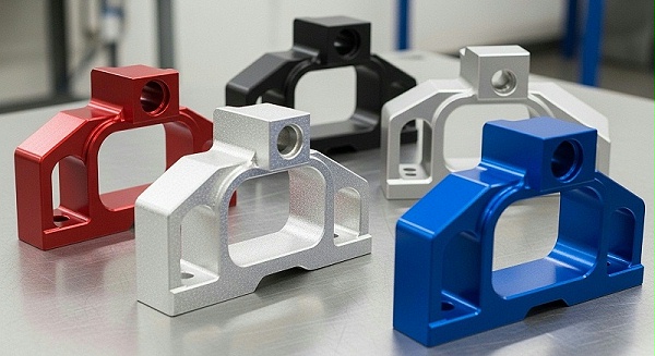 A dynamic collection of five different CNC machined aluminum parts, each showcasing a distinct powder-coated finish. One part is a vibrant red, an A dynamic collection of five different CNC machined aluminum parts, each showcasing a distinct powder-coated finish. One part is a vibrant red, an