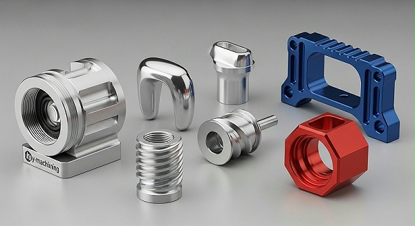 A professional studio photograph of a collection of diverse, high-precision CNC machined aluminum components from ly-machining. The parts should  A professional studio photograph of a collection of diverse, high-precision CNC machined aluminum components from ly-machining. The parts should