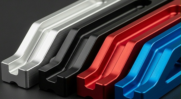 A close-up collection of three distinct CNC machined aluminum parts, each with a different anodized finish one with a clear (natural) anodize sho A close-up collection of three distinct CNC machined aluminum parts, each with a different anodized finish one with a clear (natural) anodize sho