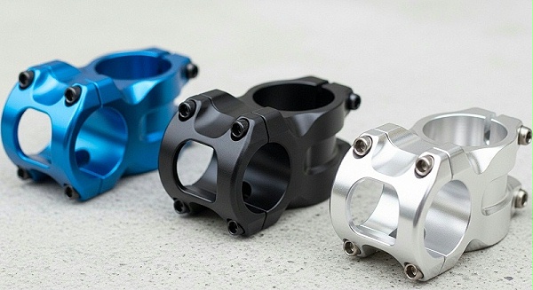 Three identical CNC machined bicycle stems, showcasing vibrant blue anodized, matte black hard anodized, and polished natural aluminum finishes, e Three identical CNC machined bicycle stems, showcasing vibrant blue anodized, matte black hard anodized, and polished natural aluminum finishes, e