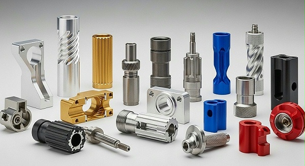 Collection of precision CNC machined parts in diverse materials like aluminum, brass, stainless steel, and plastic, showcasing complex forms, intr