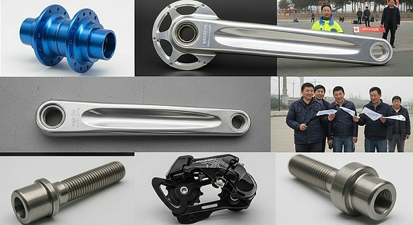 Collection of precision CNC machined bicycle parts with diverse surface finishes anodized blue aluminum hub, polished silver crank arm, laser-eng Collection of precision CNC machined bicycle parts with diverse surface finishes anodized blue aluminum hub, polished silver crank arm, laser-eng