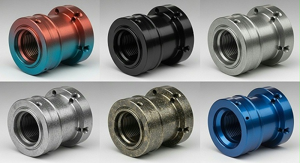 Collection of five high-precision CNC machined parts, each showcasing a distinct advanced surface coating vibrant powder coat, sleek PVD (DLC) fi Collection of five high-precision CNC machined parts, each showcasing a distinct advanced surface coating vibrant powder coat, sleek PVD (DLC) fi