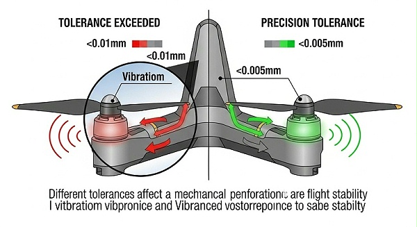 一张清晰的矢量图（infographic），展示无人机零件（例如螺旋桨基座或关节连接器）的局部放大示意图。图示通过颜色编码或箭头明确标注不同公差等级（如±0.01mm, ±0.005mm）对力学性能和振动响应的影响。左侧为“公差超限”，配有红色警示和模拟的振动波纹；右侧为“精密公差”，配有绿