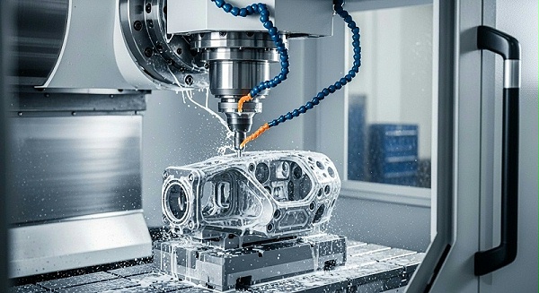 展示一台现代化的五轴或七轴CNC加工中心正在加工一个复杂的无人机金属零件。机床的刀具正在高速切削，切削液飞溅，显示出动态感。零件可以是无人机的机身连接件或精密的传感器外壳，展现其复杂曲面和精密结构。