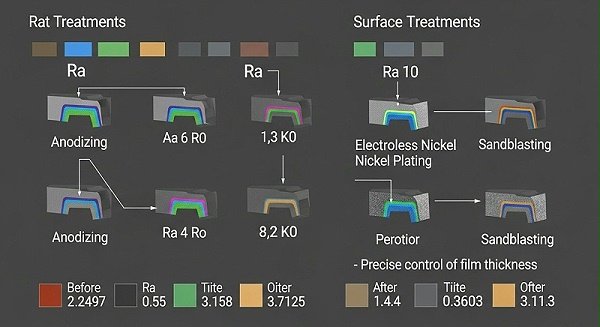 ，对比不同表面处理（如阳极氧化、化学镀镍、喷砂）对无人机零件表面粗糙度Ra值和尺寸公差的影响。图示包含小尺度的零件横截面示意图，用不同颜色或纹理表示处理层，并配有处理前后Ra值和公差变化的数值。强调“精密控制膜层厚度”的重要性。