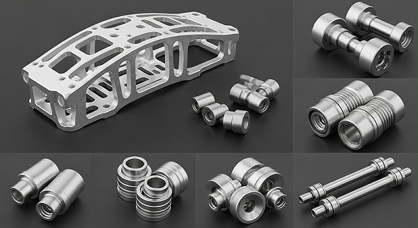 无人机高精度CNC加工零件的产品合集图片。画面中展示多种不同材料和功能的无人机金属零件，如航空级铝合金机身骨架、钛合金连接器、不锈钢传动轴等。每个零件都经过精细加工，表面光洁，细节清晰，强调其精密性和高品质。