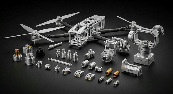 无人机零件产品系列展示图，可以是无人机螺旋桨、机身骨架、连接器、云台等多种CNC加工的精密部件的精美摆拍。画面强调金属的质感和加工的精细度，展示伟迈特加工的多样化产品能力。