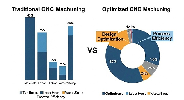 信息图表,对比传统CNC加工成本结构与优化后的成本结构。传统结构中材料、工时、损耗占比高,优化后则显著降低,并突出设计优化和工艺效率的重要性。使用清晰的饼状图或条形图。 信息图表,对比传统CNC加工成本结构与优化后的成本结构。传统结构中材料、工时、损耗占比高,优化后则显著降低,并突出设计优化和工艺效率的重要性。使用清晰的饼状图或条形图。