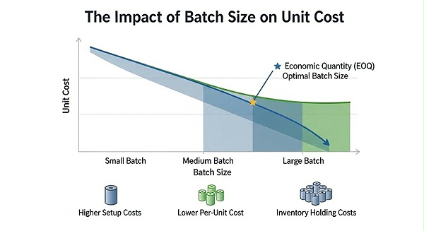 描绘了不同批量大小(小批量、中批量、大批量)的单件成本曲线图,清晰显示随着批量增加,单件成本呈下降趋势,强调经济批量的重要性。 描绘了不同批量大小(小批量、中批量、大批量)的单件成本曲线图,清晰显示随着批量增加,单件成本呈下降趋势,强调经济批量的重要性。
