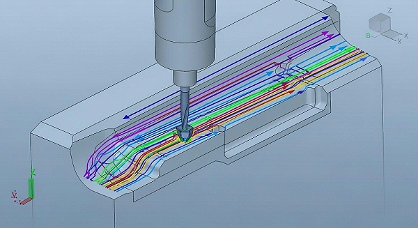 Detailed 3D CAD model with multi-colored CNC machining toolpaths (roughing, finishing, drilling) and a cutting tool, demonstrating CAM software tr Detailed 3D CAD model with multi-colored CNC machining toolpaths (roughing, finishing, drilling) and a cutting tool, demonstrating CAM software tr